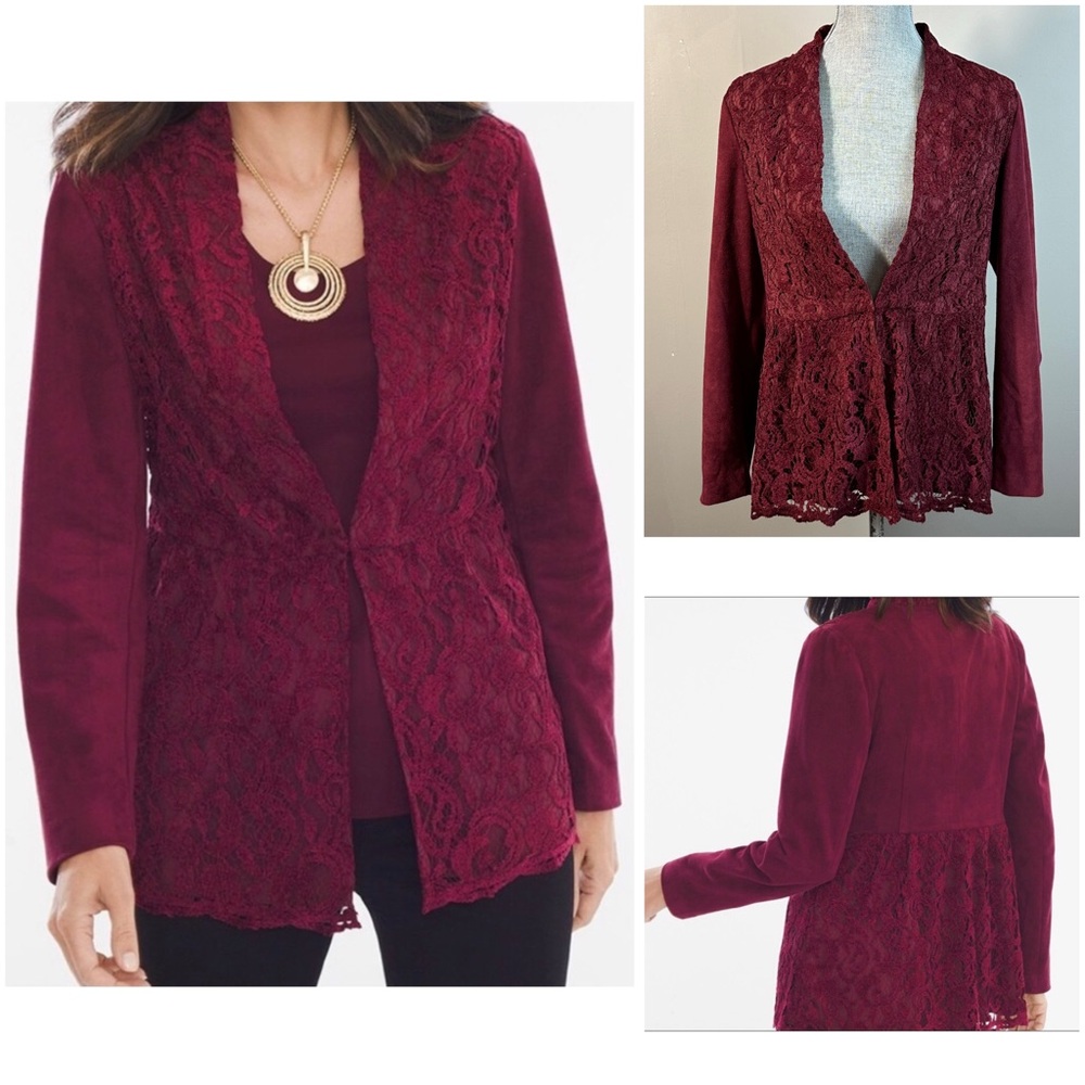 Chico’s‎ Womens Wine Red Faux Suede & Lace Peplum Blazer Size S Romantic Office
